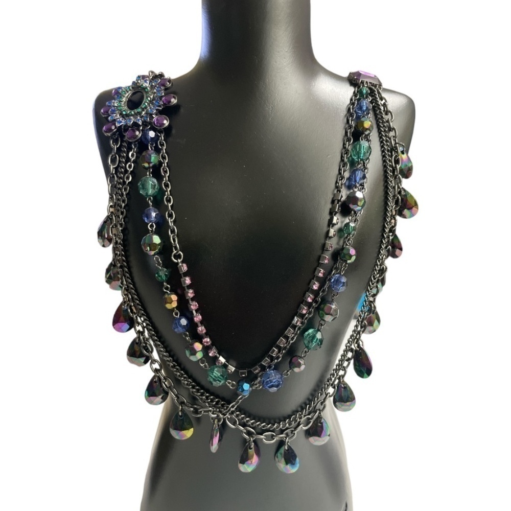 NY & Co Necklace Flower Faceted Rhinestone Black Grey Gunmetal Layer Multi Chain